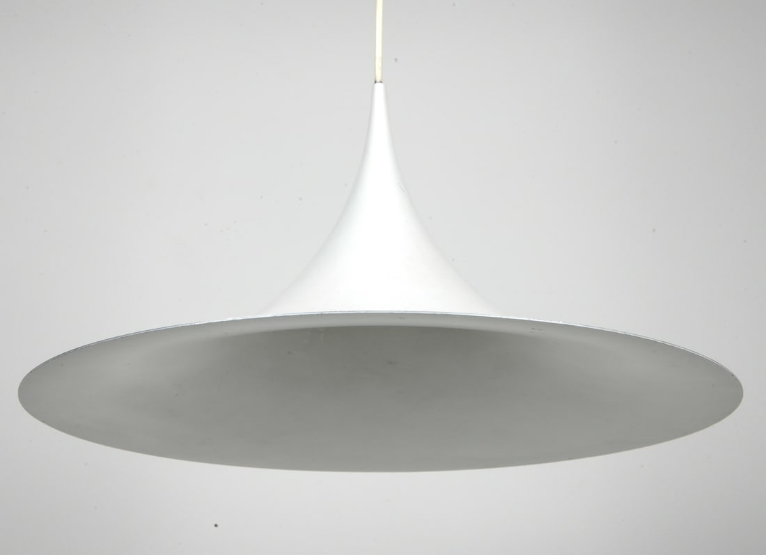 ATTR. FOG & MORUP DANISH PENDANT LAMP 1970S: White metal wide flare shaped shade. Denmark, circa 1970s. Dimensions: H 9.75" x Dia. 18.5" Condition: Untested, Wear consistent with age and use.