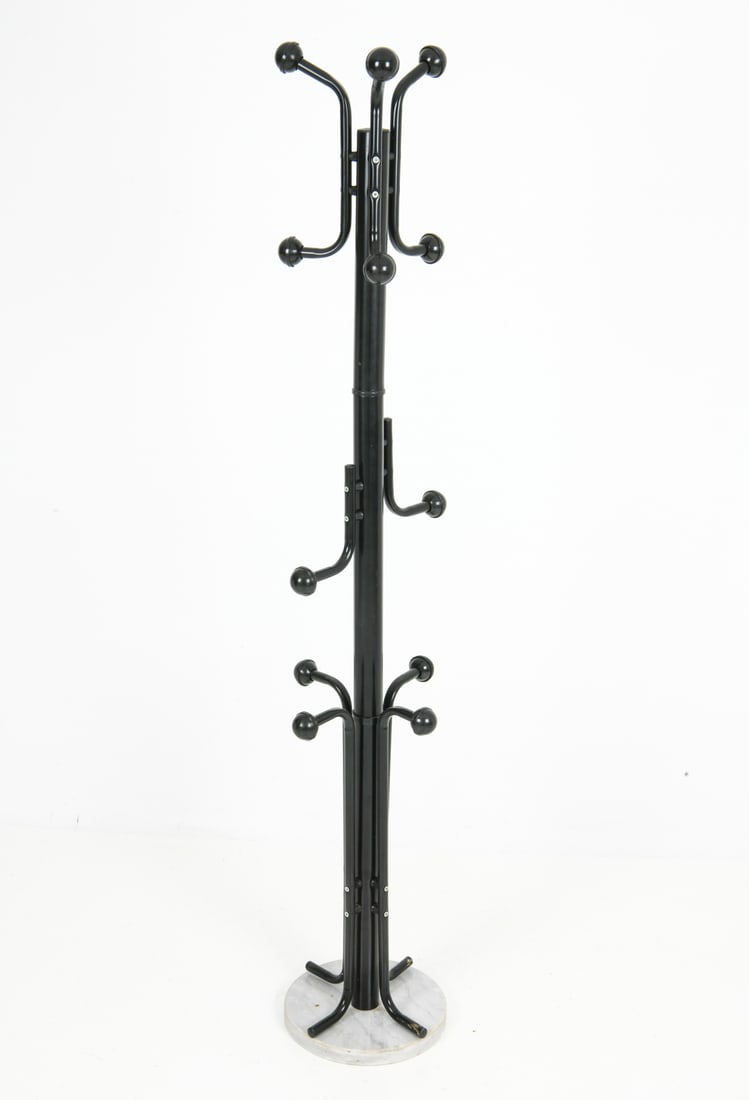 METAL COAT RACK C. 1970S: Multiple tiers of curving tubular steel hooks with spherical ball plastic ends. Round marble base. European, circa 1970s. Dimensions: H 66" x Dia 11.5" Condition: Wear consistent with age and use, inc