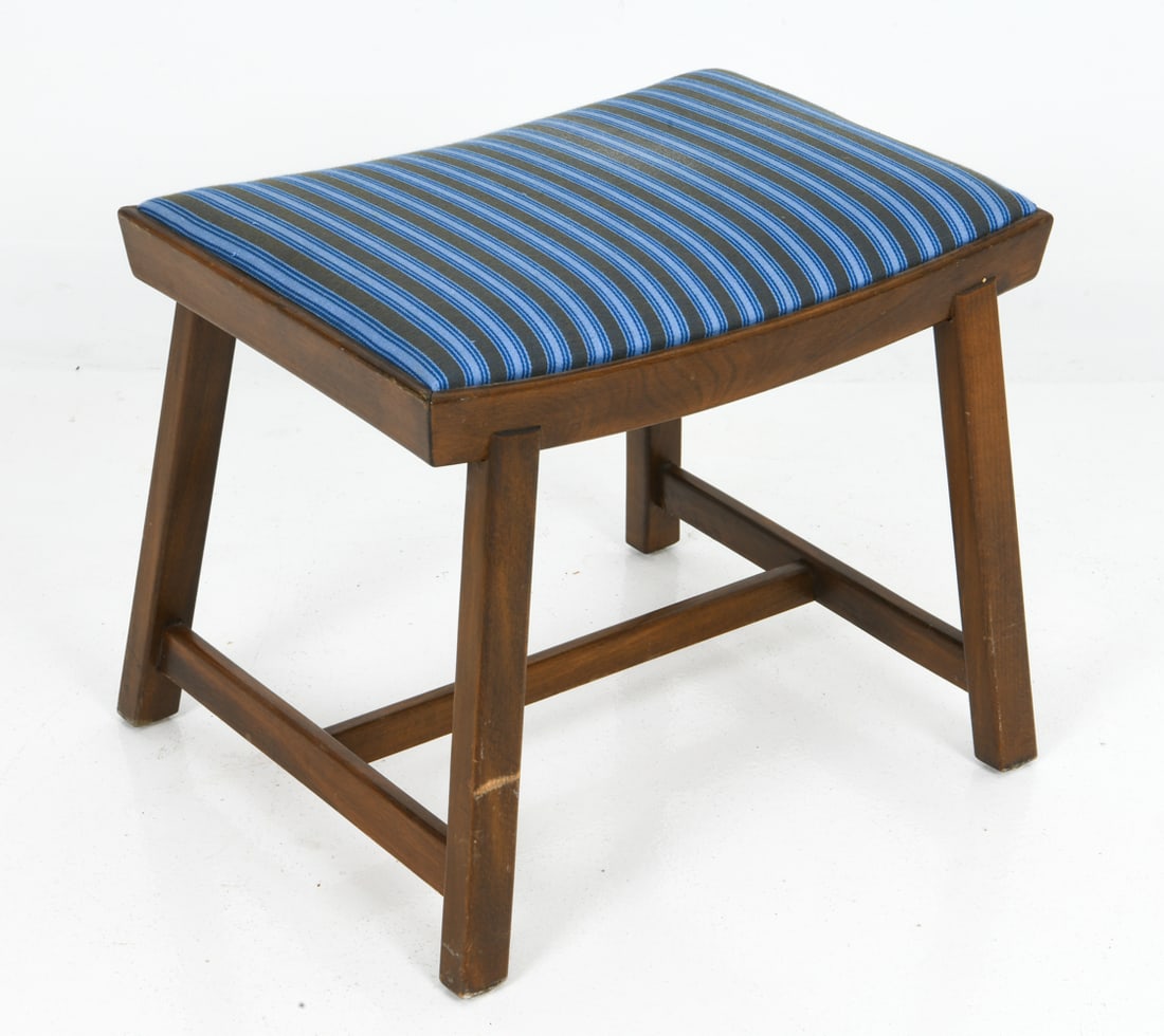 JORGEN ROHWEDER FOR FALSTED DANISH BEECH OTTOMAN: Stained beech frame with stripe patterned upholstery. Apparently unmarked. Denmark, circa 1950s. Dimensions: H 18.75" x W 20.25" x D 14.25" Condition: Rubs, dings and marks to legs, Wear consistent wi