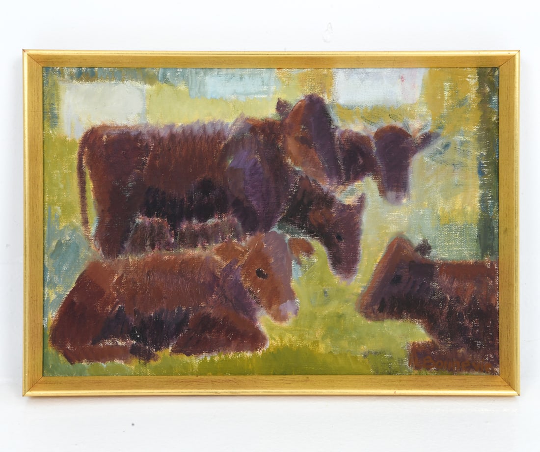 INGE LISE BONNEVIE (DANISH 1921-1999) O/C: Landscape of cows in a field. Signed to back with an artist's information in Danish. Denmark. Dimensions: H11 " x W 15.75" (Sight) H 10" x W 14.75" Condition: Wear consistent with age and display.