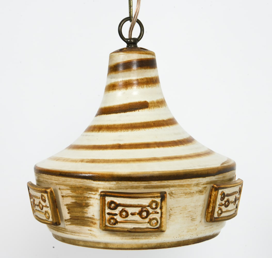 SOHOLM DANISH CERAMIC PENDANT LIGHT CIRCA 1970S: Apparently unmarked. Denmark, circa 1970's. Dimensions: H 12.5" x Dia. 12" Conditions: Not tested, the cord is cut. Wear consistent with age and use.