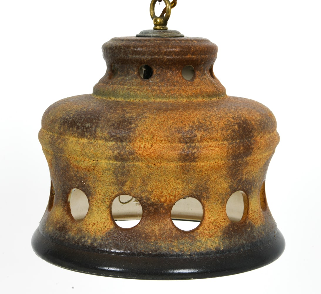 DANISH CERAMIC PENDANT LIGHT CIRCA 1960'S: Featuring a bell-shape design and two-tone color. Denmark, circa 1960's. Dimensions: H 8.5" x Dia. 10.5" Conditions: Not tested, the cord is cut. Wear consistent with age and use.