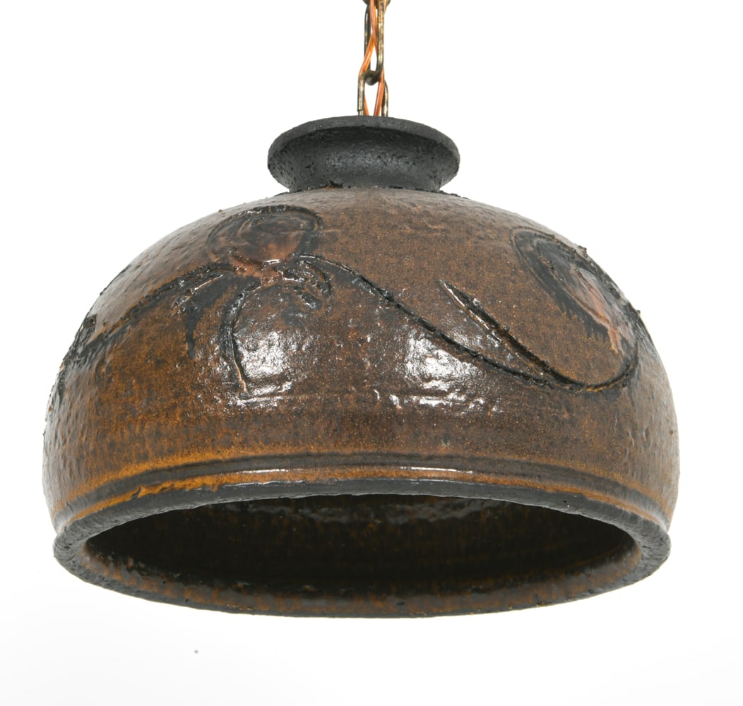 DANISH STUDIO CERAMIC PENDANT LIGHT C. 1960'S: Denmark, circa 1960's. Dimensions: H 7.5" x Dia. 10" Conditions: Not tested. Wear consistent with age and use.