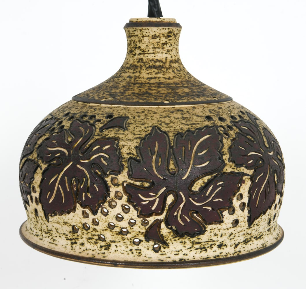 DANISH STUDIO CERAMIC PENDANT LIGHT C. 1970S: Denmark, circa 1970's. Dimensions: H 9.75" x Dia. 11" Conditions: Not tested. Wear consistent with age and use.