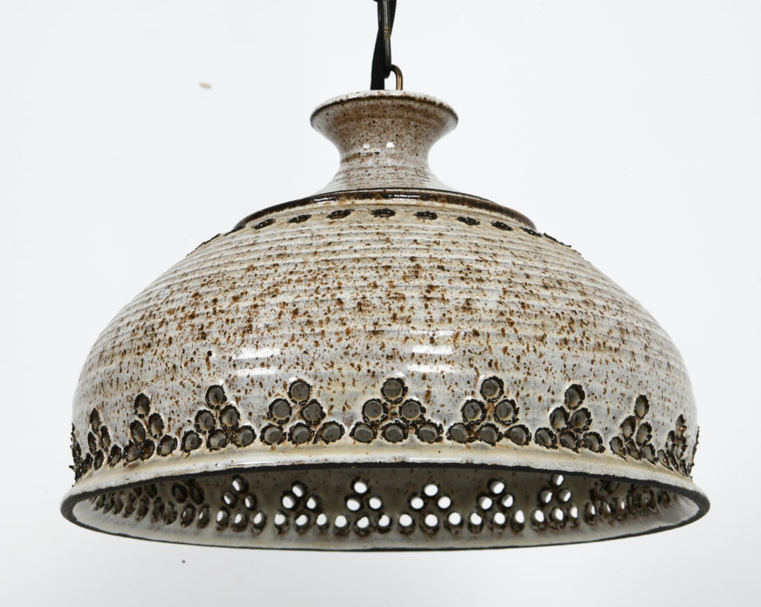 DANISH STUDIO CERAMIC PENDANT LIGHT C. 1970'S: Denmark, circa 1970's. Dimensions: H 8" x Dia. 11.5" Conditions: Not tested. Wear consistent with age and use.