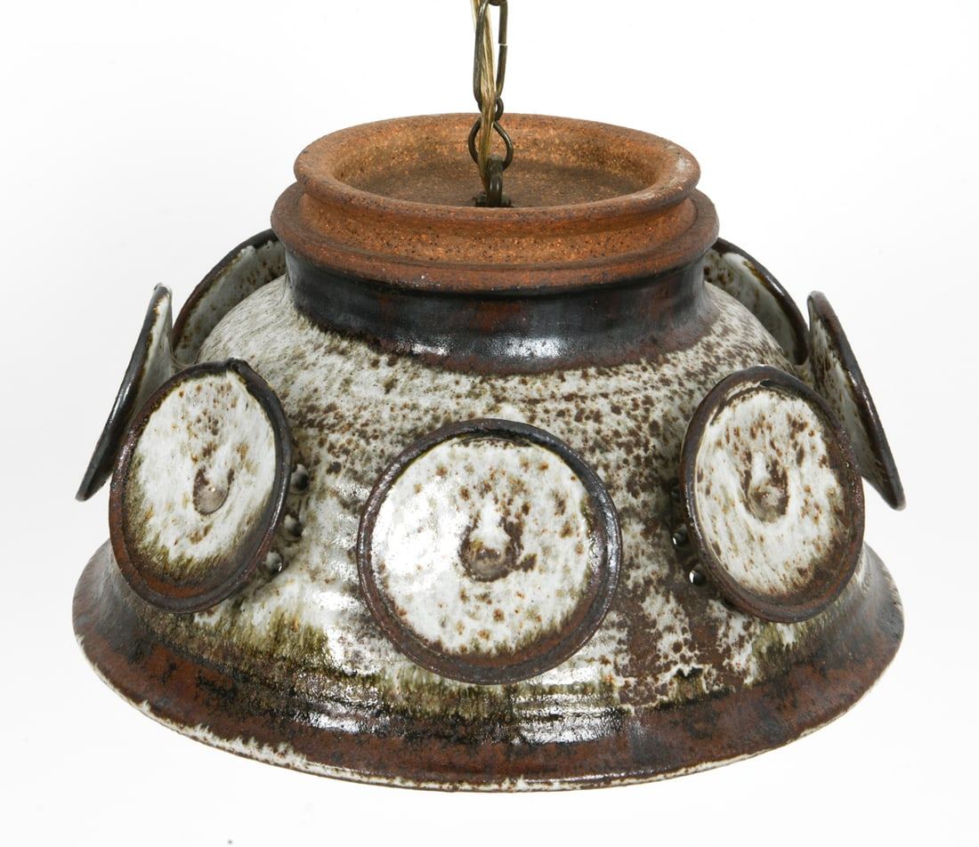 AXELLA STYLE DANISH CERAMIC PENDANT LIGHT C. 1970S: Denmark, circa 1970's. Dimensions: H 6.5" x Dia. 12" Conditions: Not tested. Wear consistent with age and use.
