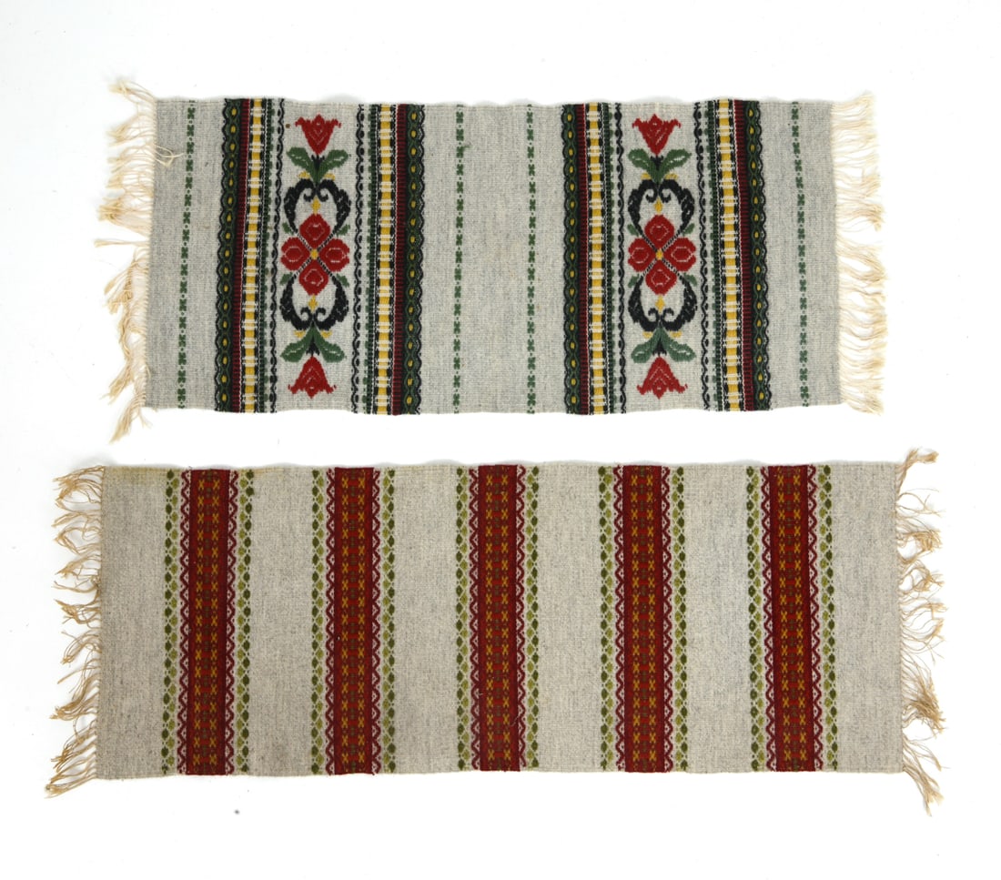 HAND-WOVEN WOOL TAPESTERIES: Includes a Husfliden wool throw blanket with basket weave design and fringed edges, tagged on underside. Other is a hand-woven wool table runner. Dimensions: H 42" x W 14.5" Conditions: Wear consisten