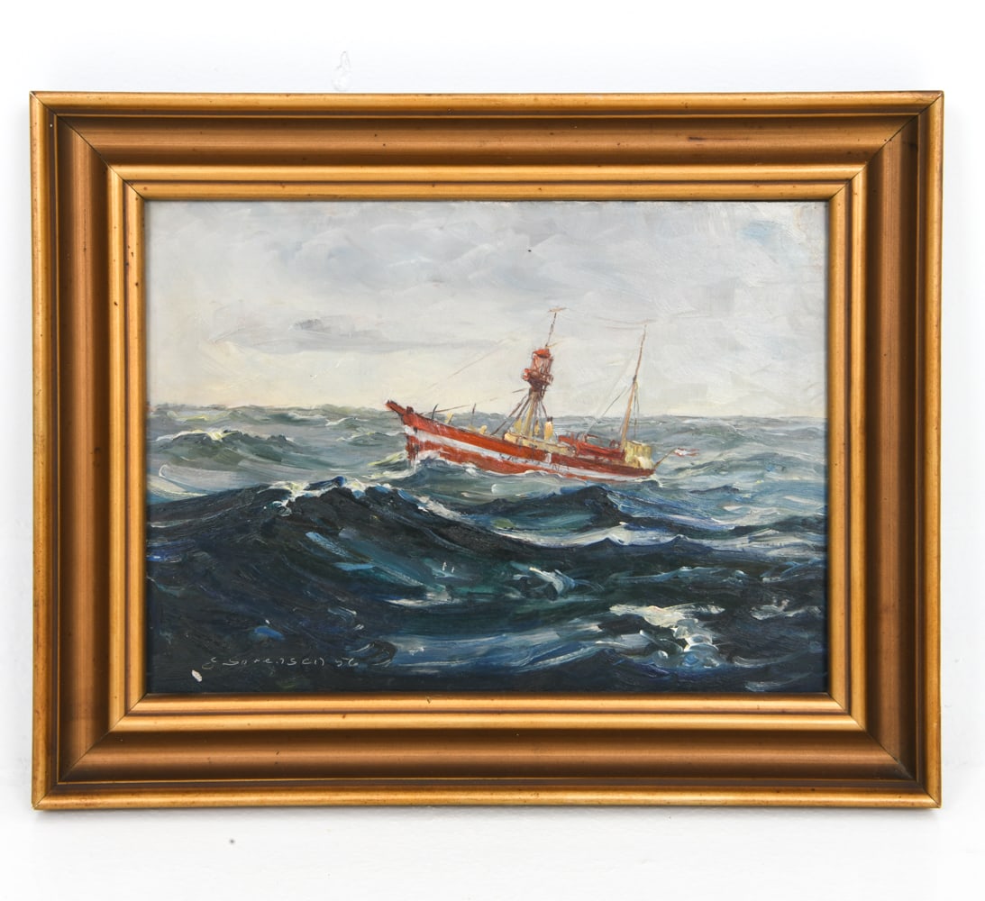 DANISH SEASCAPE O/C PAINTING LIGHTSHIP 1956: Depicts The Lightship on choppy water, in gilt frame. Signed Sorensen and dated 56 lower left corner. Oil on masonite. Dimensions: (Frame) H 11.25" x W 14.25" (Sight) H 8.25" x W 11.25" Condition: Wea