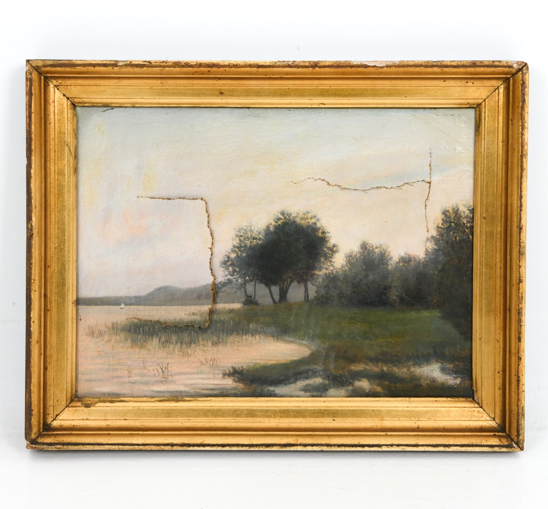 ANTIQUE DANISH LANDSCAPE O/C PAINTING: Landscape painting of trees by the water. Initialed HF lower right. Dimensions: H 13" x W 16.75" x (Sight) H 10.25" x W 14" Conditions: Two large tears to canvas, losses to frame, dings and scratches