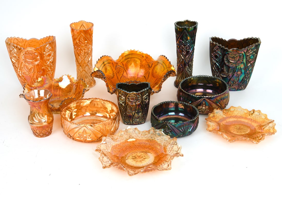 BROCKWITZ GERMAN CARNIVAL GLASS GROUPING C. 1920S: 13 grouping of carnival glass including "Rose Garden" patterns. Iridescent and pressed design. Apparently unmarked. Germany, circa 1920s. Dimensions: (Largest Bowl) H 5" x Dia. 11.75" Conditions: Wear