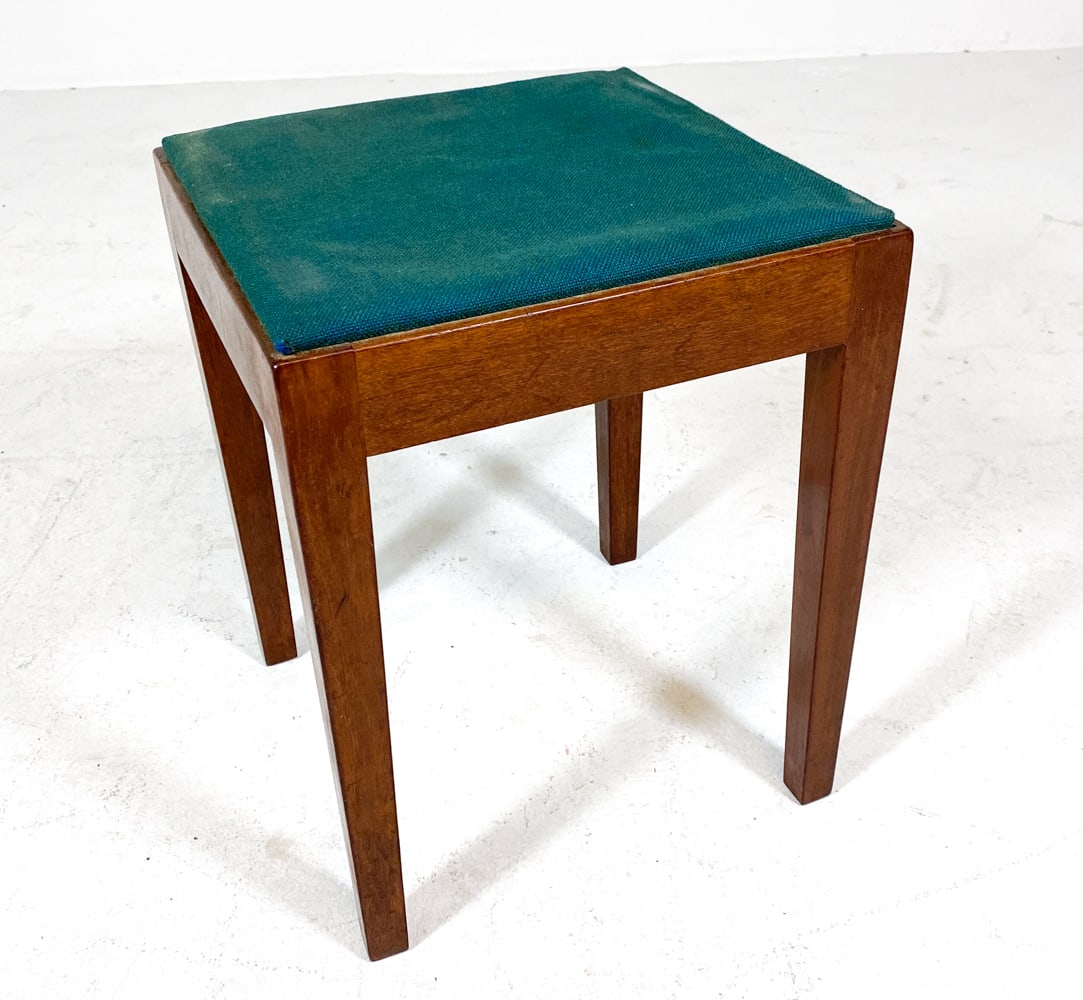 SCANDINAVIAN BEECH STOOL C. 1960S: Beech legs with with green wool fabric upholstered seat. Scandinavian, circa 1960s. Dimensions: H 17.75" x W 13.5" x D 13.5". Condition: Seat not attached to frame. Scuffs and rubs to wood and fabric.