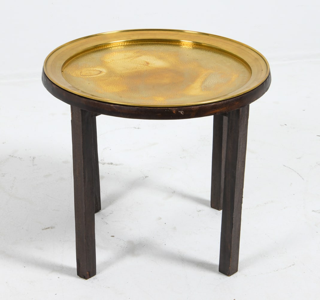 BEECH SIDE TABLE W/ BRASS TRAY C. 1970S (1 of 7)