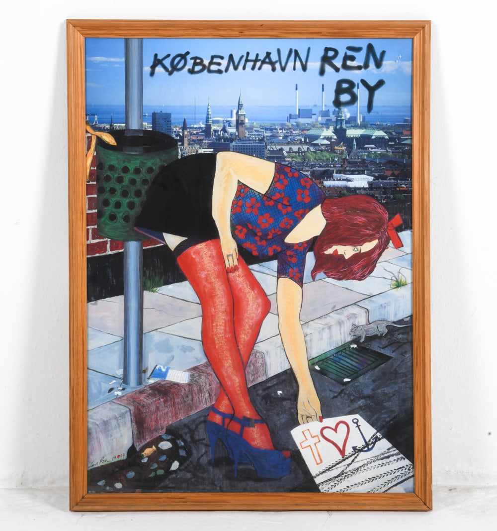 DANISH MIXED MEDIA PAINTING: Signed to lower left corner and dated 1999. Writing at top translates to Copenhagen Clean City'. Dimensions: Frame H 36" x W 26.5". Sight H 33.25" x W 24". Condition: Not examined out of frame. Minor 