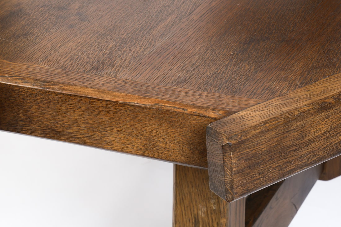 BRUTALIST TRIANGULAR DUTCH OAK DINING TABLE 1970S - 16