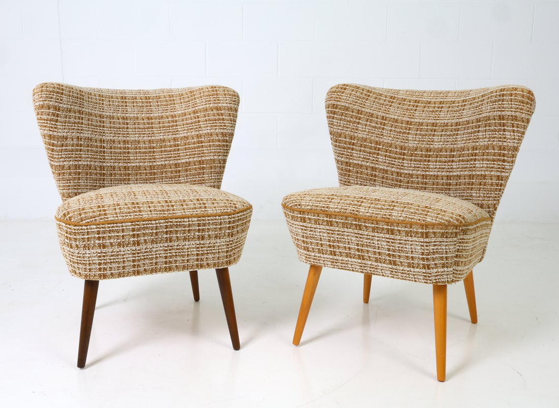 PAIR OF SCANDINAVIAN COCKTAIL CHAIRS C. 1960S: Plaid upholstered slipper chairs or lounge chairs on splayed beech legs. Contrasting leg tones. Scandinavian, circa 1960s. Dimensions: H 29" x W 20" x D 20" x SH 16" Condition: Very light signs of use