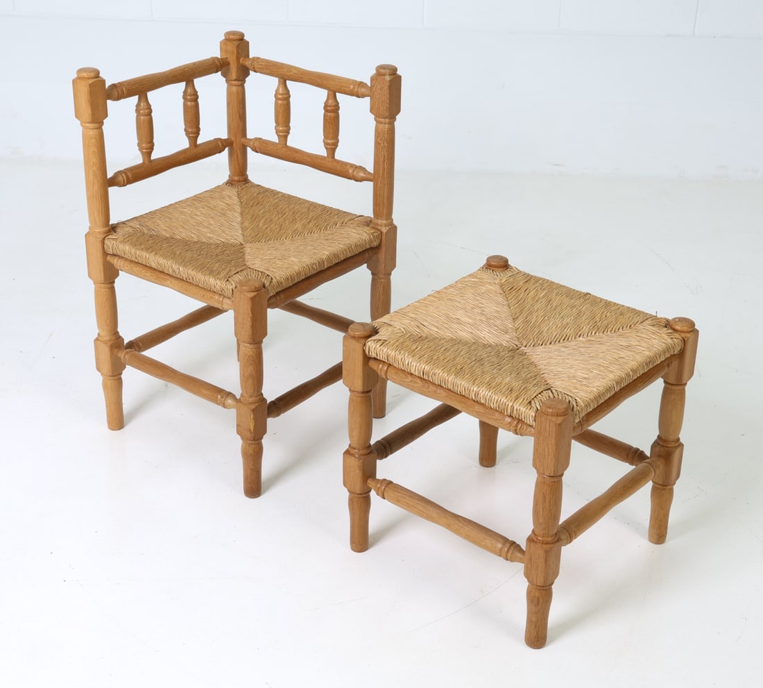 DUTCH OAK CORNER CHAIR & STOOL C. 1940S (1 of 20)