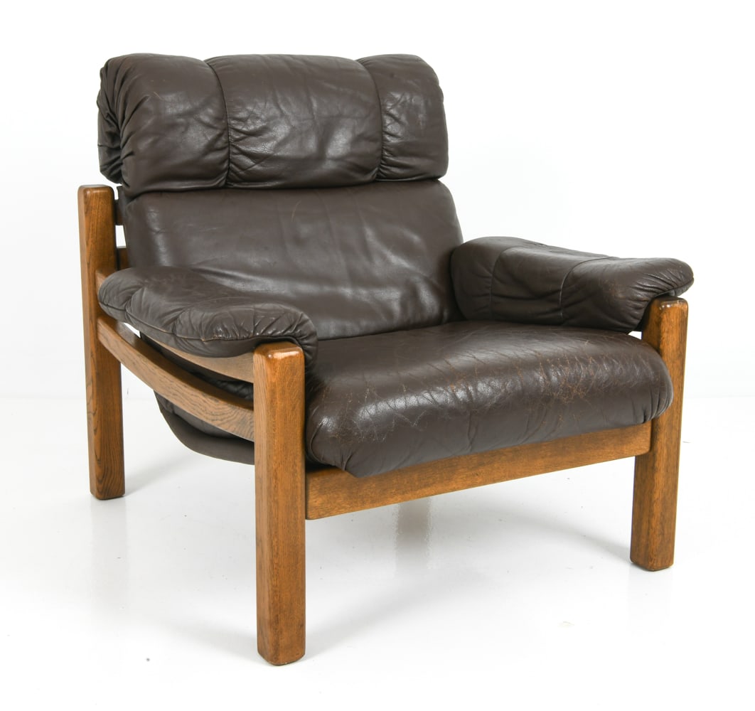 STYLE OF ARNE NORELL SWEDISH OAK & LEATHER CHAIR (1 of 12)