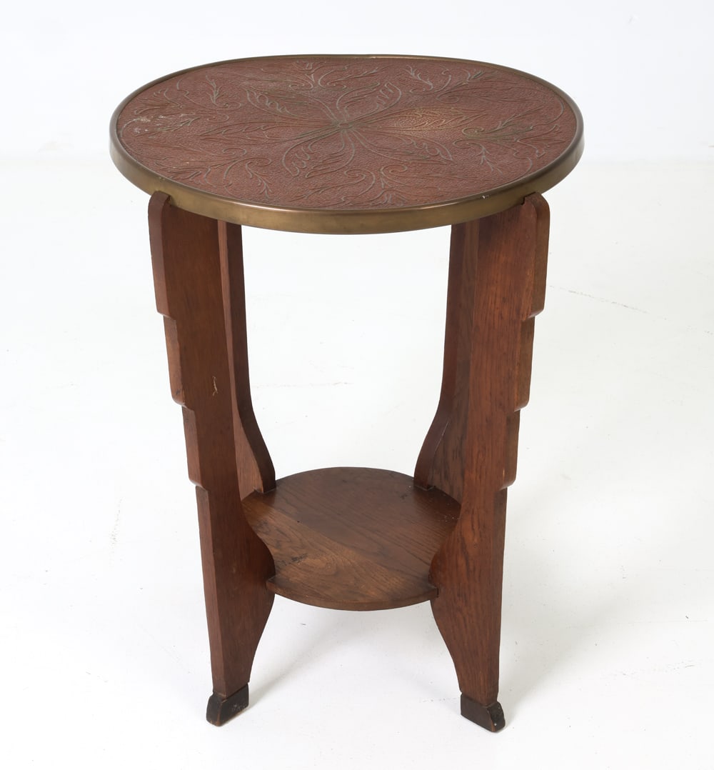 DUTCH BRASS AND OAK GUERIDON SIDE TABLE 1930S (1 of 13)