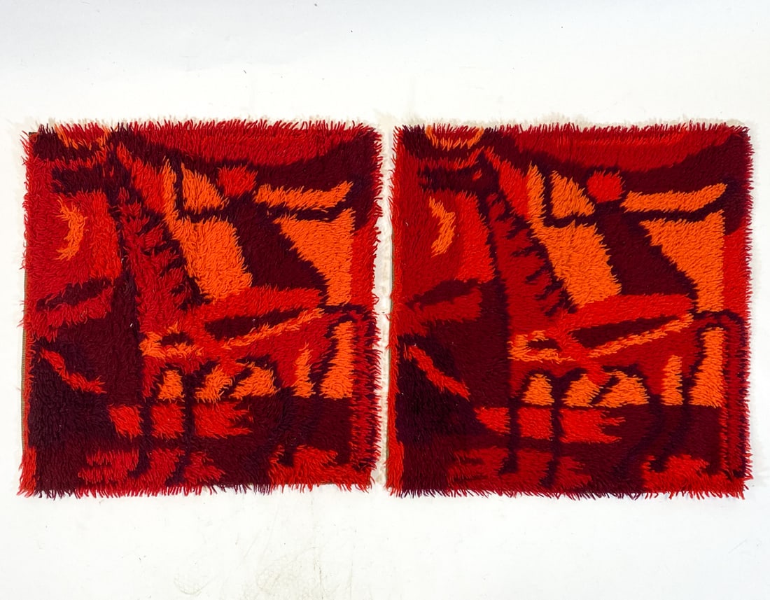 PAIR OF RYA DANISH WOOL RUGS C. 1970S: (2) Shag wool rugs with pictorial design. Denmark, circa 1970s. Dimensions: Each H 28" x W 26.75". Condition: Minor surface soiling, wear consistent with age and use.