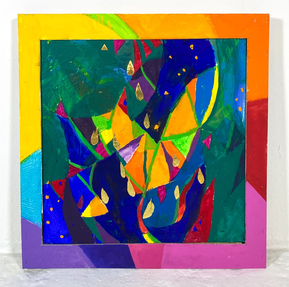 DANISH ABSTRACT A/C 2016: Signed to lower right corner and on back of canvas. Dedication on back of canvas. Acrylic on canvas. Painted frame. 2016. Dimensions: Frame H 24.75" x W 23.75". Canvas H 19.5" x W 19.5". Condition: