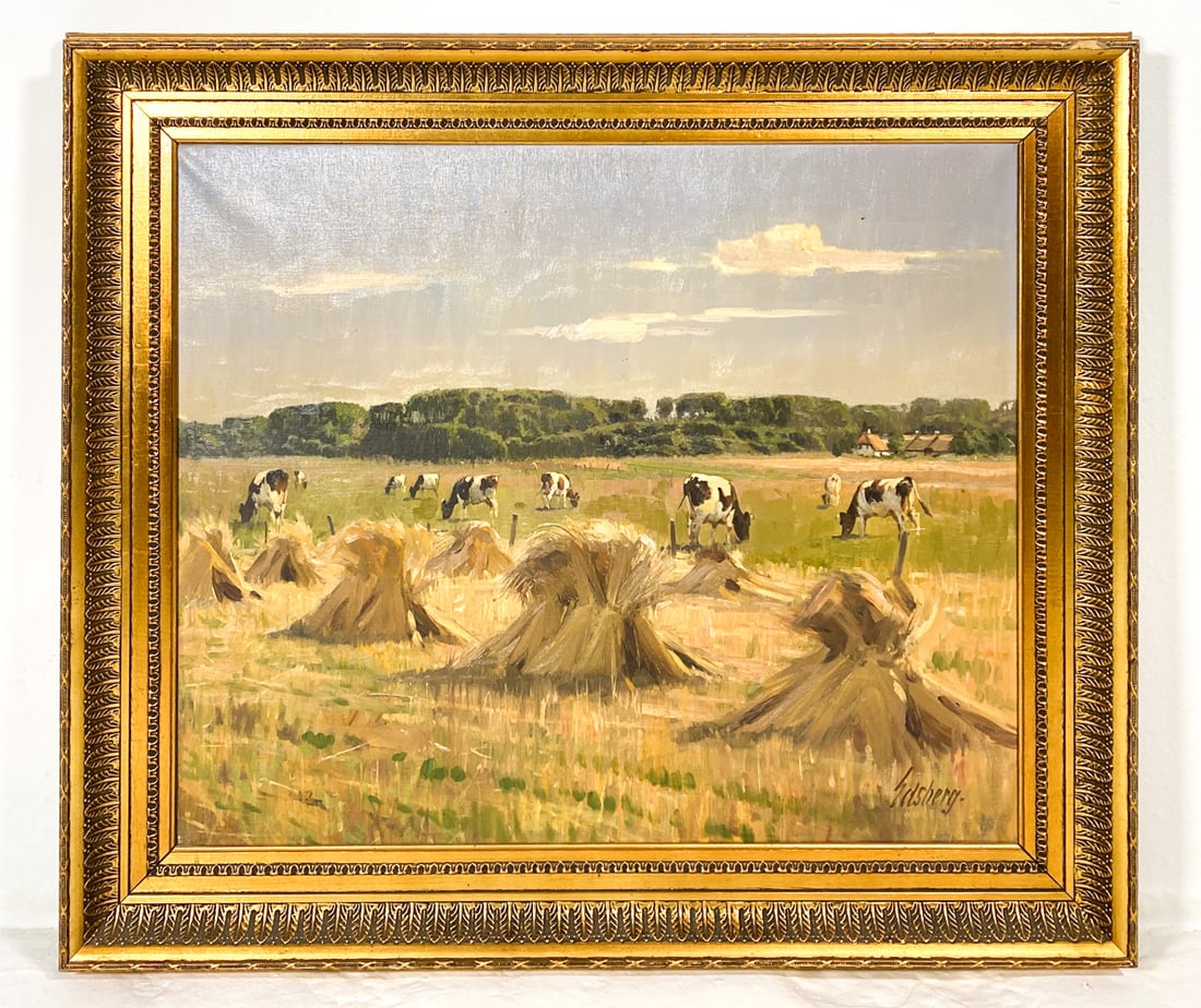 DANISH FARM LANDSCAPE O/C: Signed to lower right corner and on back to canvas frame. Oil on canvas. Denmark, mid 20th century. Dimensions: Frame H 28.75" x W 31.5". Canvas H 21.5" x W 25.5". Condition: Minor scuffs to frame.