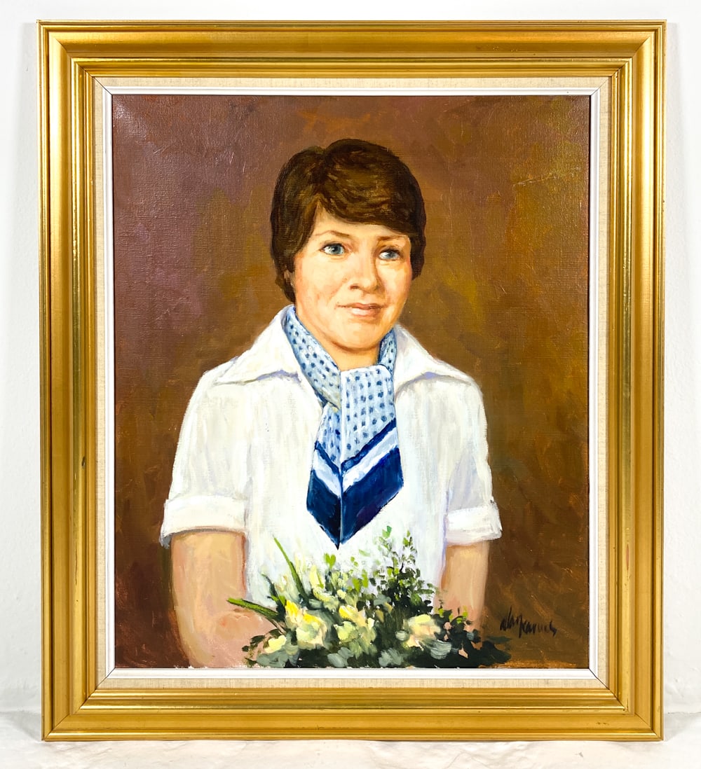 DANISH PORTRAIT O/C: Signed to lower right corner. Oil on canvas. Denmark, mid 20th century. Dimensions: Frame H 30" x W 25.5". Canvas H 23.75" x W 20". Condition: Few faint scuffs to canvas.
