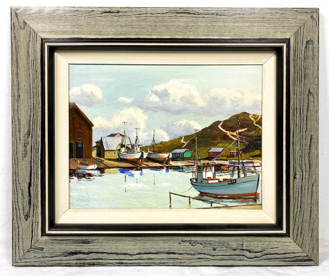 DANISH HARBOR PAINTING O/C: Apparently unsigned. Harbor scene with mountains in background. Oil on canvas. Denmark, 20th century. Dimensions: Frame H 17.5" x W 20.5". Canvas H 10.5" x W 13.5". Condition: Minor scuffs to frame.