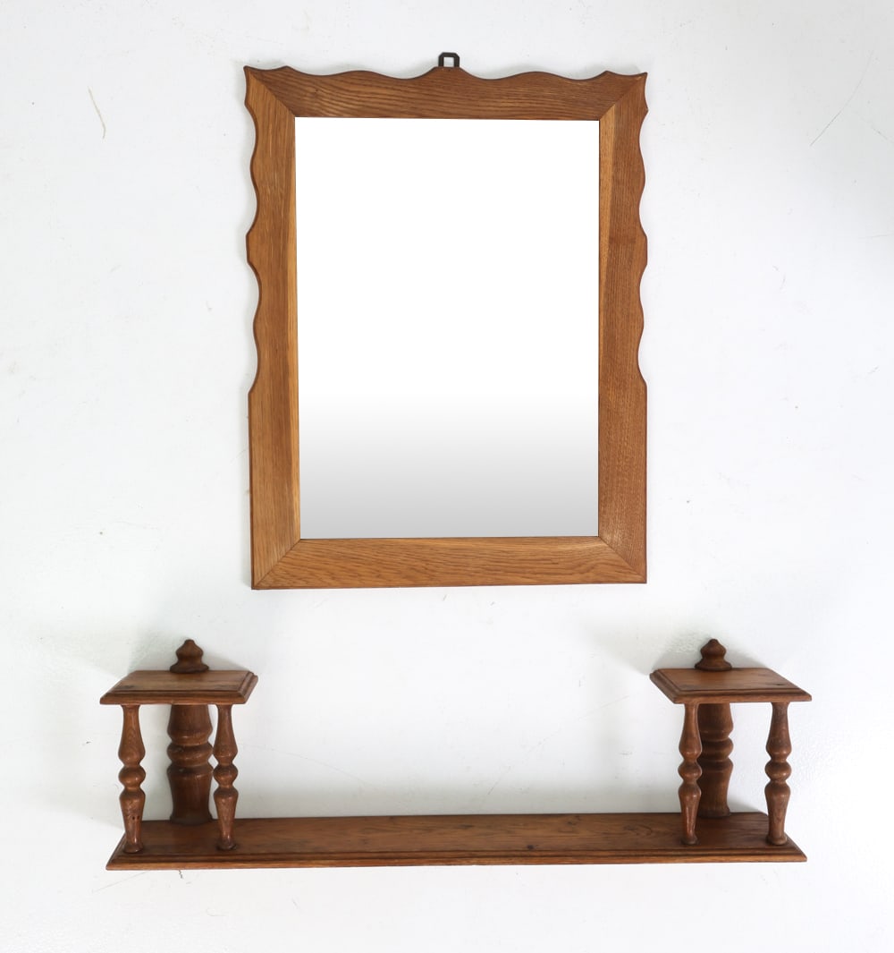POLISH OAK MIRROR W/ SHELF C. 1960S (1 of 15)