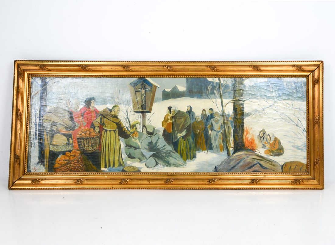 SCANDINAVIAN LANDSCAPE O/C PAINING MID-20TH C.: Religious scene in a snowy landscape depicting a group of figures in a line waiting to receive food with a crucifix shrine and a fire. Signed Egnon or Egnor lower left corner. Dimensions: H 32" x W 77