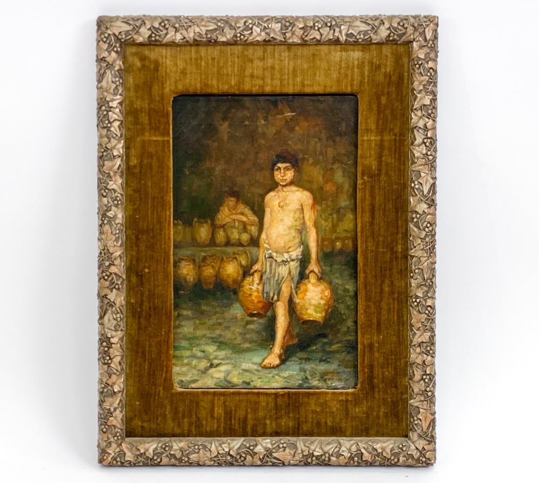 19TH C. O/C PAINTING OF A BOY CARRYING WATER JUGS: Antique 19th century oil painting after Vincenzo Caprile (Italy, 1856-1936), of a boy carrying water jugs. Indistinctly signed lower right. Dimensions: (Frame) H 27.5" x W 20.5" (Canvas) H 19.25" x W