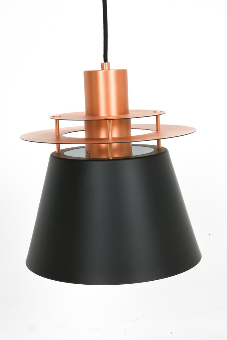 TOM STEPP FOR COLORS DANISH PENDANT LIGHT: For Colors by Copenhagen. Conical main shade with upper tiered details in black and copper finishes. Denmark. Contemporary. Dimensions: H 9.5" x Dia. 9.5" Conditions: Not Tested, Wear consistent with