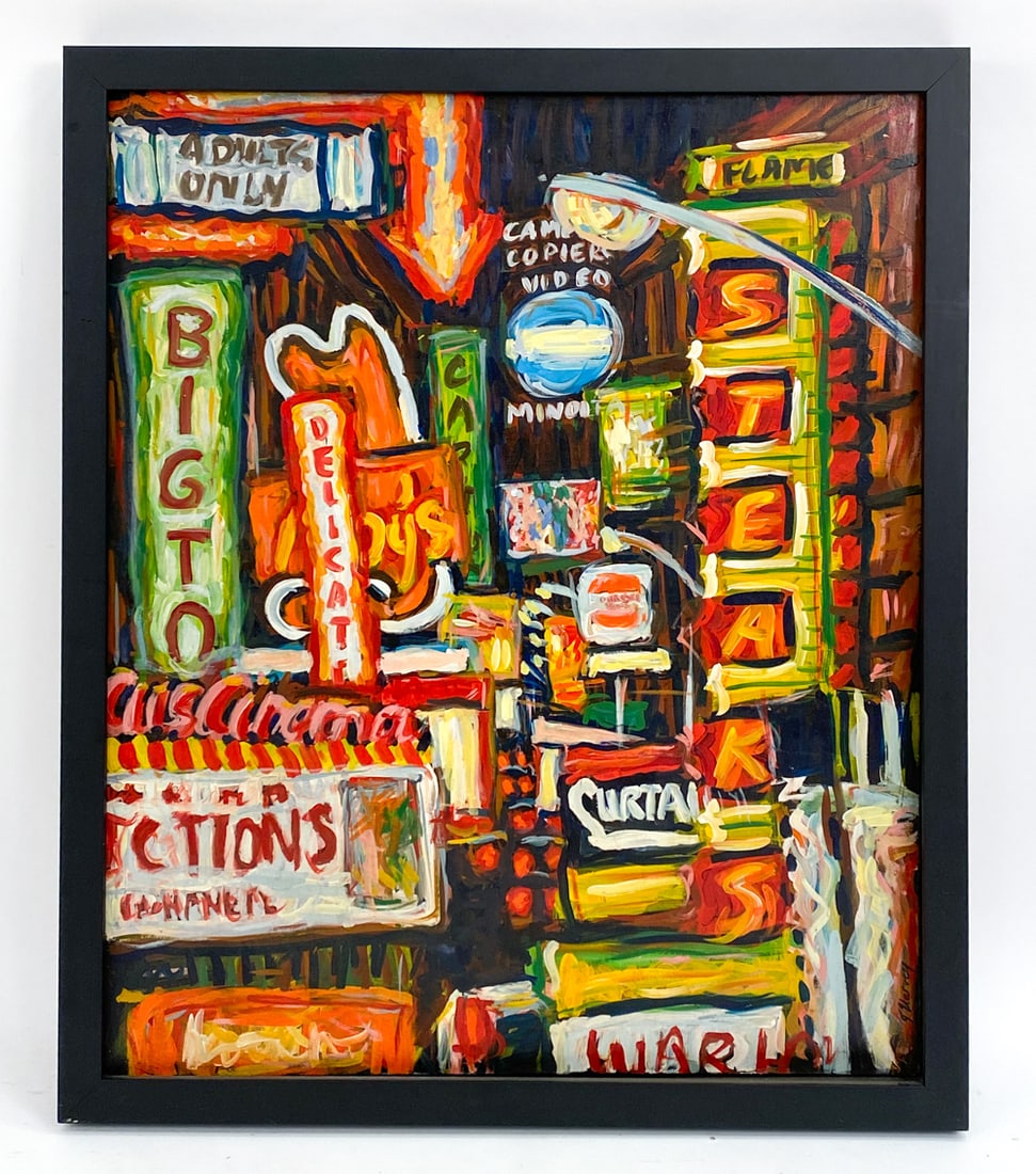 JUILIE HARVEY (B. 1963) ABSTRACT SYMBOLIST O/C: Abstract symbolist. Indistinct inscription on verso. Signed lower right. Oil on canvas. Dimensions: (Frame) H 38.5" x W 32.5" (Sight) H 35.5" x W 29.5" Condition: Wear consistent with age. Scratches,