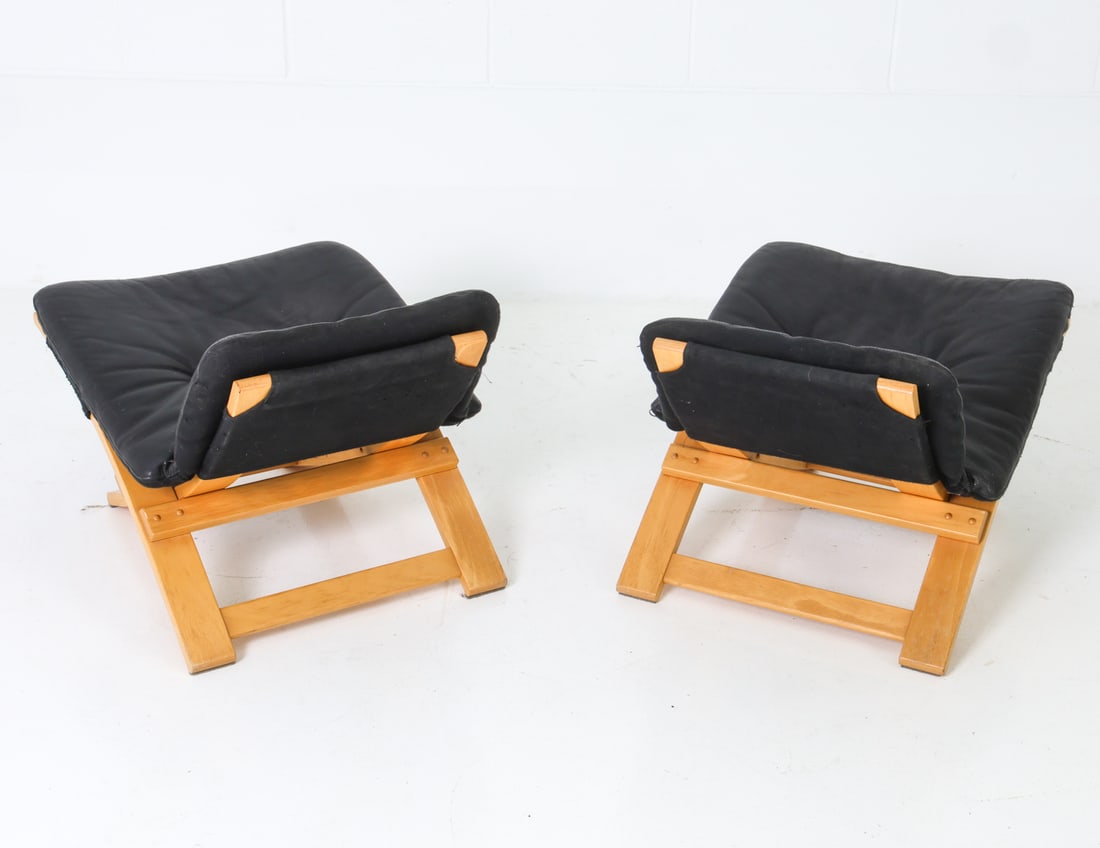 PAIR OF AKE FRIBYTTER LEATHER & BEECH OTTOMANS (1 of 1)