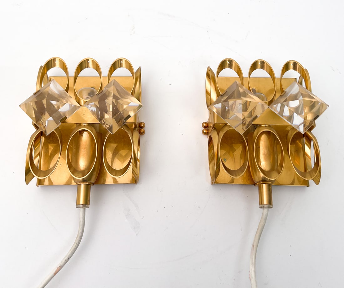 PAIR OF MID-CENTURY BRASS & GLASS WALL SCONCES (1 of 1)