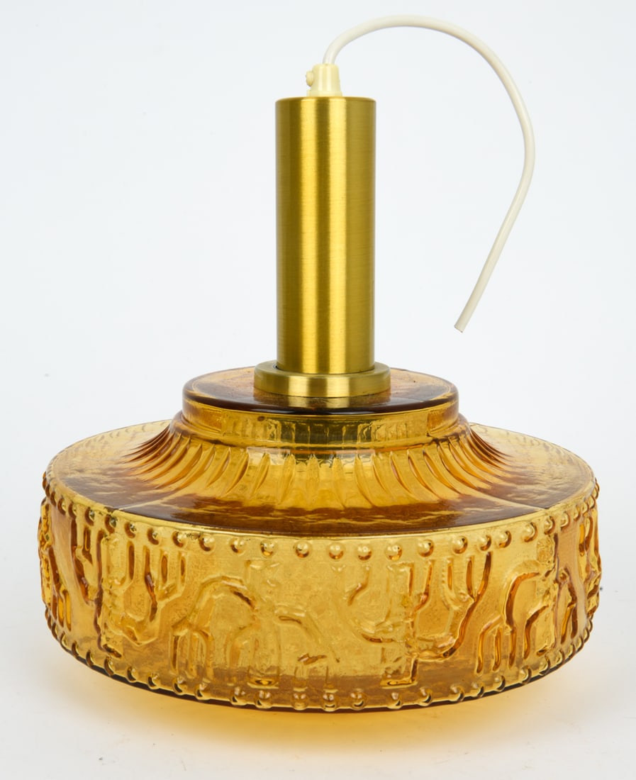 DANISH AMBER GLASS & BRASS PENDANT LIGHT C. 1960'S: Denmark, circa 1960's. Dimensions: H 10.5" x Dia. 10" Conditions: Not Tested. Wear consistent with age and use.