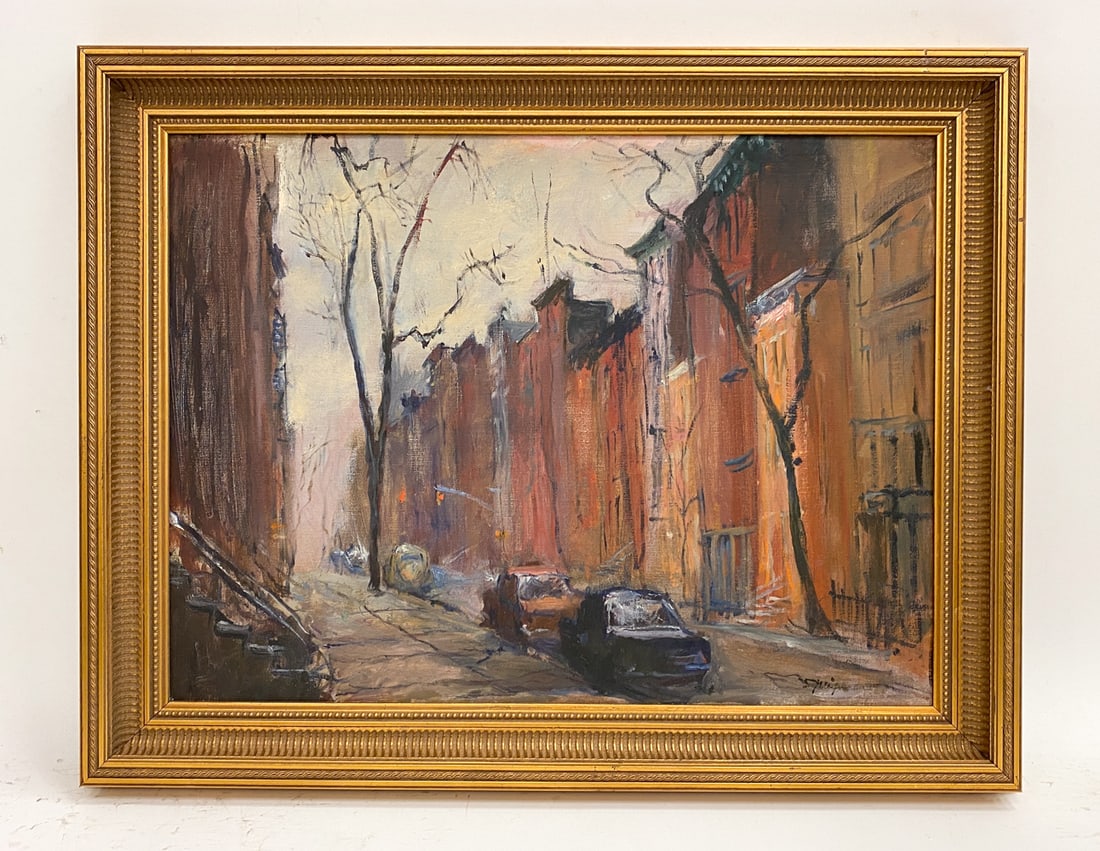 ANTHONY SPRINGER (NY, 1928-1995) NY STREET O/C: Identified as west tenth street on verso. Signed lower right. Dimensions: (Frame) H 22.5" x W 29" (Sight) H 18" x W 24.25" Condition: Light surface marks to frame.