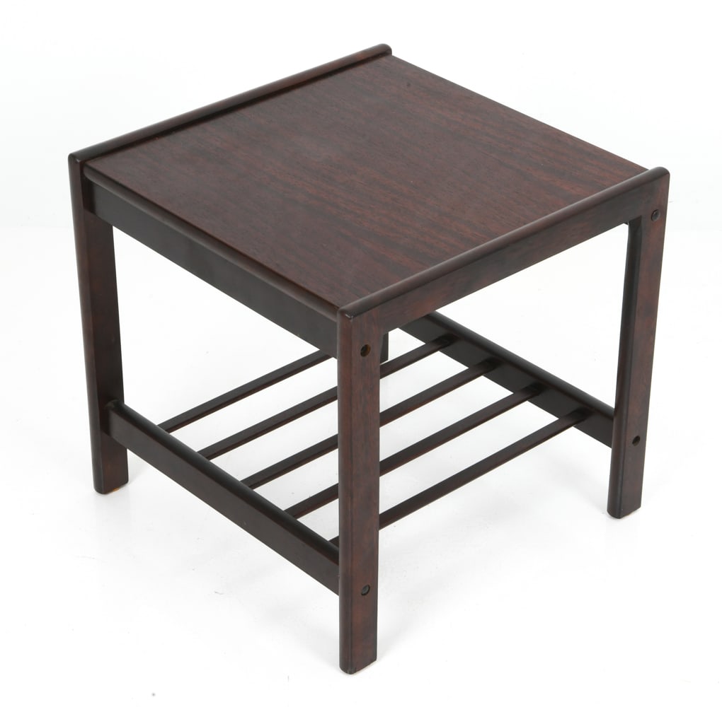 BRDR FURBO DANISH BEECH SIDE TABLE C. 1960S: Stained beech frame. Upper tabletop surface and a slatted lower shelf. Stamped underneath. Denmark, circa 1960s. Dimensions: H 17.75" x W 18.5" x D 18.5" Condition: Wear consistent with age and use. S