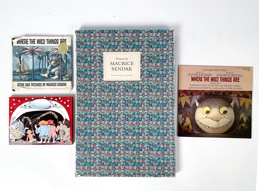 MAURICE SENDAK GROUPING INCL. SIGNED: Grouping of Maurice Sendak limited collectible items, including a "Where the wild things are" book and opera music record, "We are all in the dumps with Jack and Guy" book, and a collection of printed