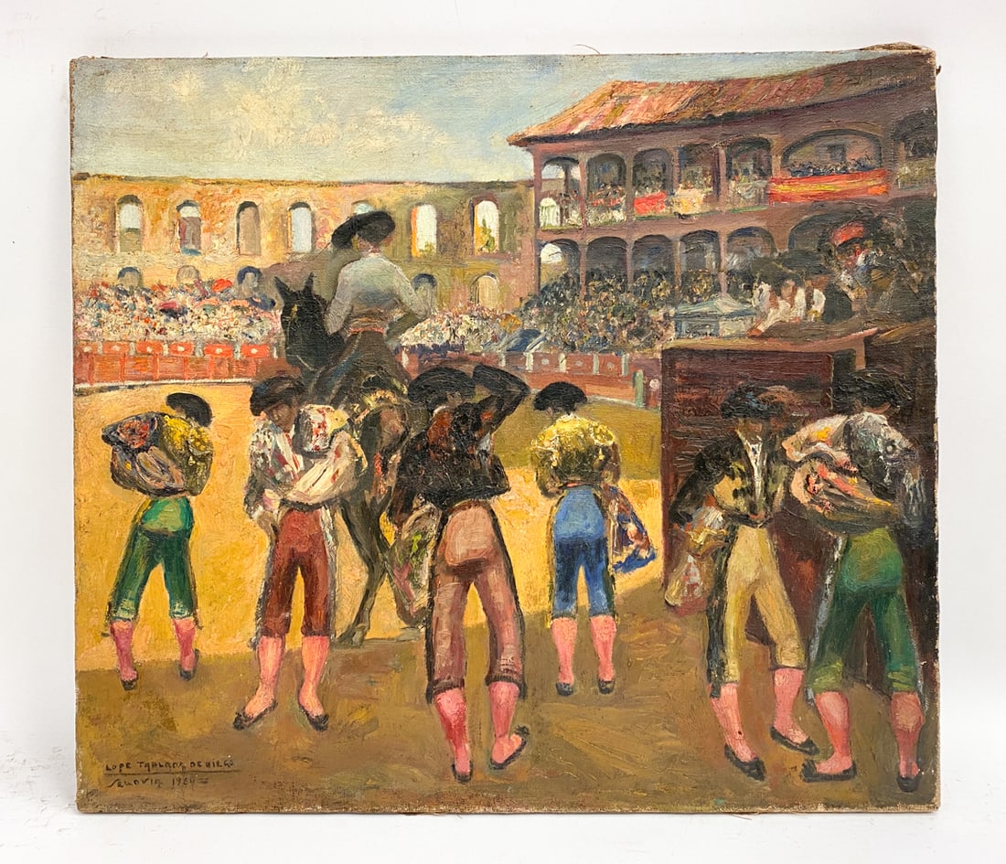 MODERNIST BULLFIGHTERS O/C PAINTING: Signed and dated 1969. Painted with impasto. Canvas: H 28.25" x W 32" Condition: Scuffs to paint edges. Wear consistent with age and use.