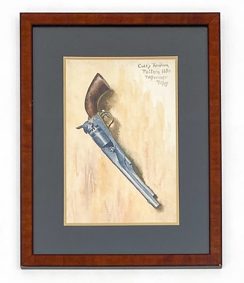 F. W. BANCROFT COLT REVOLVER WATERCOLOR 1895: Depicts a Colt's Revolver, pattern from 1850. Signed F. W. Bancroft, and dated 10/17/95, upper right. Watercolor on paper. Dimensions: (Frame) H 24" x W 18.75" (Sight) H 16" x W 10.5" Condition: Scuff