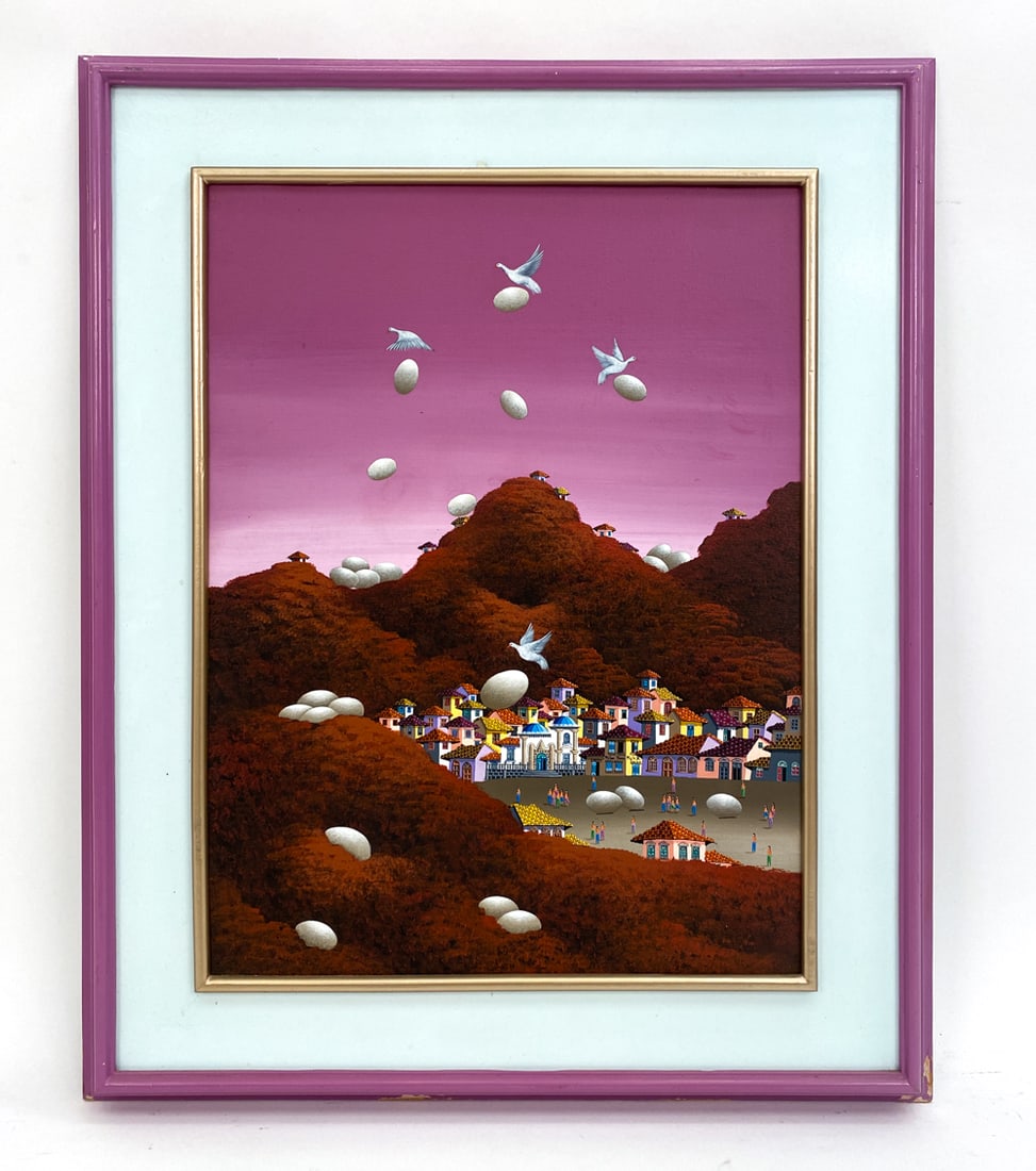 ATTR. GONZALO ENDARA CROW (1936-1996) SURREALIST: Features a townscape with doves dropping eggs, with mountains in the background and a pink sky. Unsigned. Acrylic on canvas. Dimensions: (Frame) H 32" x W 26" (Canvas) H 24" x W 18" Condition: Couple