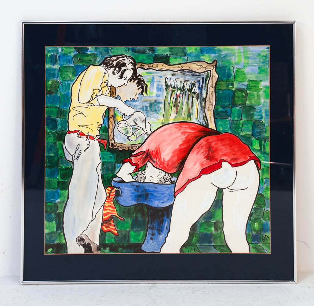 EDWINA SANDYS (B. 1938) WASHING THE HAIR PAINTING: Edwina Sandys Washing the Hair, 1978. Initialed ES on bottom right corner. Original acrylic and ink on paper. Edwina is the grand daughter of Winston Churchill, with works in the UNIS school in NYC an
