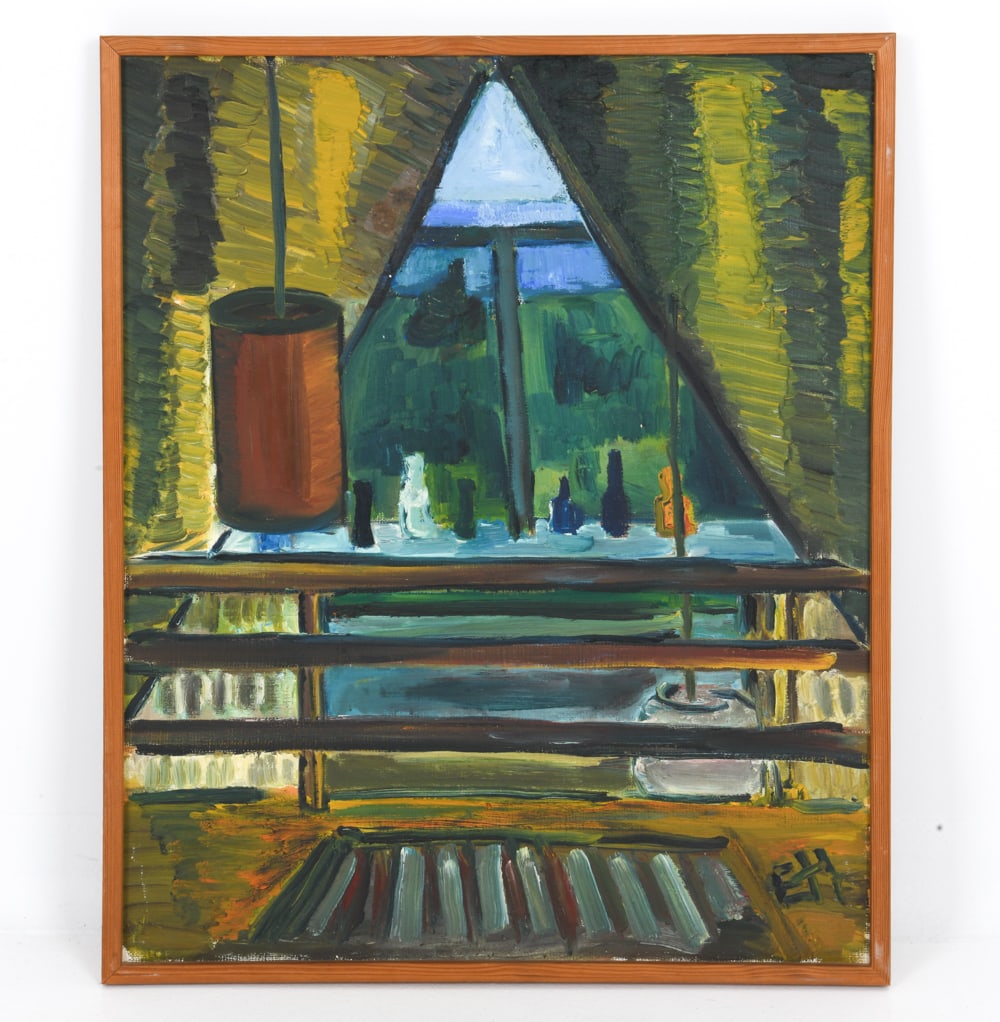 DANISH STILL LIFE O/C PAINTING: Abstract image depicting a view from the attic of a house. Initialed "E.H" lower right. Dimensions: (Frame) H 31" x W 25.5" (Canvas) H 29" x W 23.5" Condition: Patch on verso. Minor scuffs to frame.