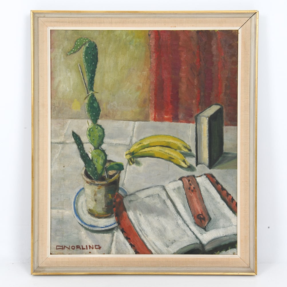 DANISH STILL LIFE O/C PAINTING: Still life with books, a cactus and bananas. Signed "Gnorling" bottom left corner. Oil on canvas. Dimensions: (Frame) H 27" x W 23" x (Canvas) H 23.75" x W 20" Condition: Wear consistent with age and