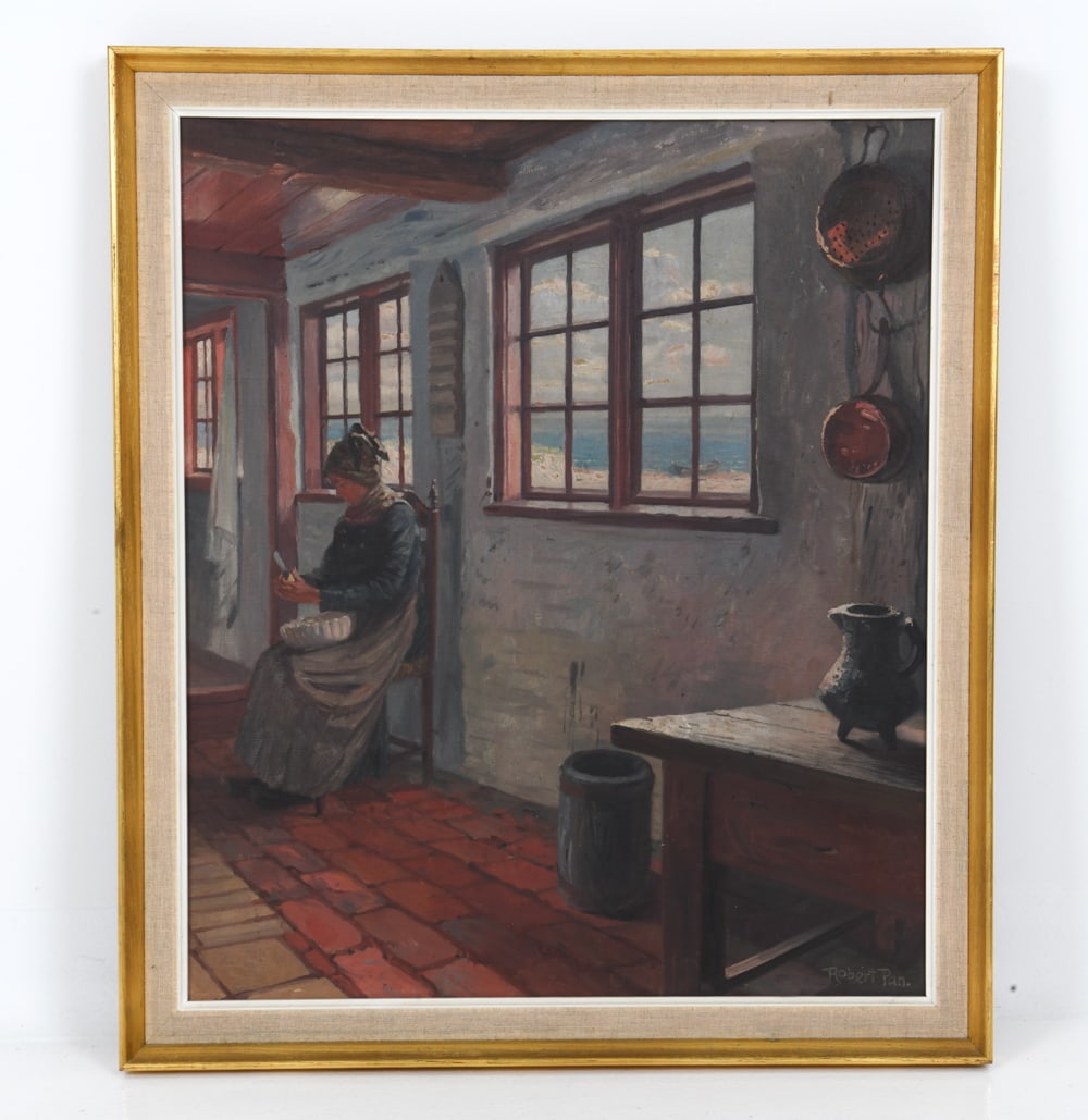 ROBERT PANITZSCH (DANISH,1879-1949) INTERIOR SCENE: "Interior with a woman reading by the window" by the Danish artist Robert Panitzsch. Signed lower right. Oil on canvas. Dimensions: (Frame) H 29" x W 25" (Canvas) H 25" x W 21" Condition: Few nicks an