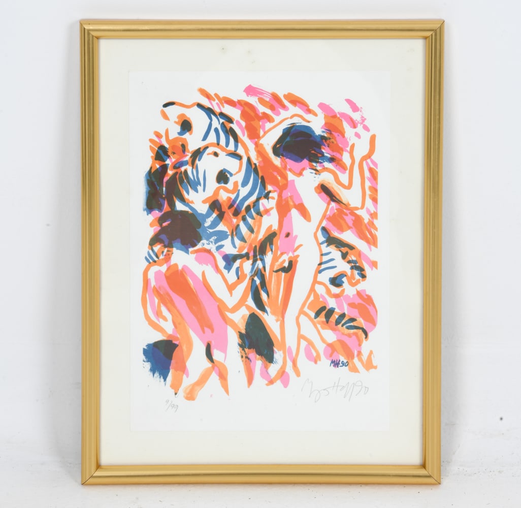 BENGT ABERG (SWEDISH, 1941-2015) LITHOGRAPH: Colored lithograph of abstracted nudes. Initialed "MH 90" and signed lower right corner. Dimensions: (Frame) H 15" x W 11.5" Condition: Stray marks to frame.