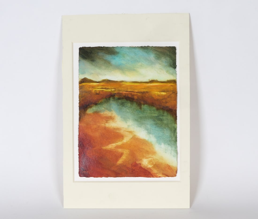 SUSAN LEGGITT (NORWALK, CT. 20TH C.) LANDSCAPE: Abstract image of a landscape. Signed and dated '09 lower left. Acrylic paint. Float mounted. Unframed. Dimensions: H 13" x W 9" Condition: Minor soiling spots to mat. Very light signs of buckling