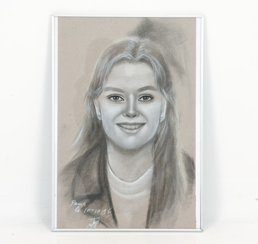 DOUBLE SIDED PORTRAIT & PRINT: Pastel portrait of a female on one side, signed and dated lower right corner. On the other side is a print of an abstract wind turbine, with printed signature Viva and dated 90'. Dimensions: H 20" x W