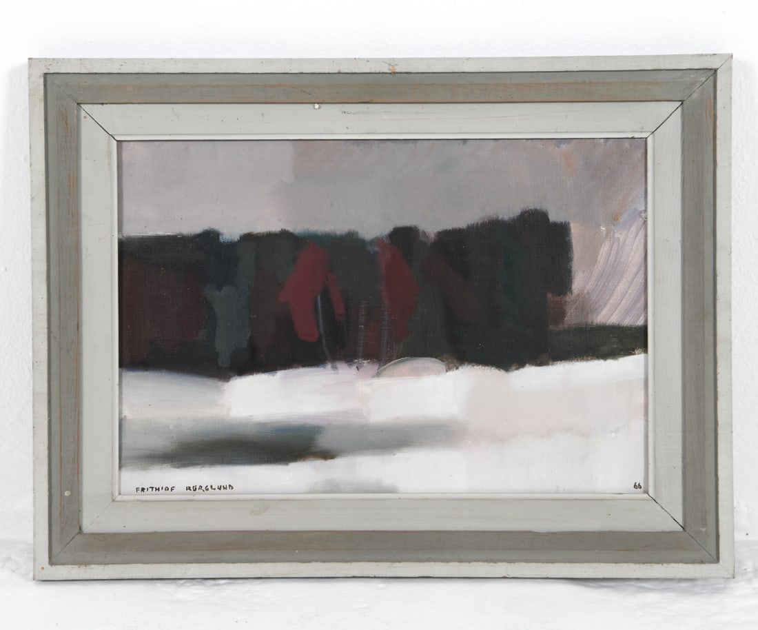 FRITHIOF BERGLUND (SWEDISH 1905-1973) ABSTRACT O/C: Signed and dated 66' to lower corner. Signed to verso. Oil on canvas. Frame: H 17.25" x W 23.25" Canvas: H12.25" x W 18.25" Condition: Scattered nicks and scuffs to frame. Presents well overall.