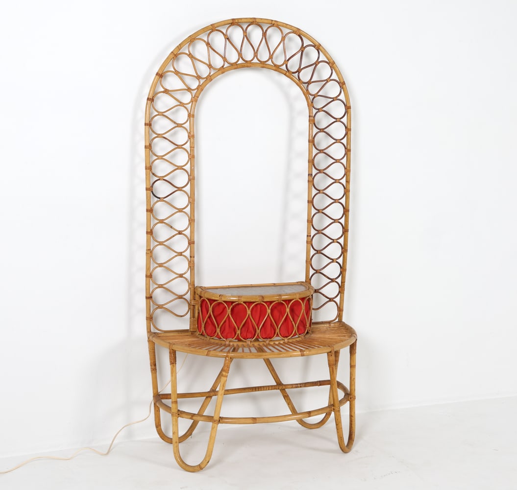 MID-CENTURY BAMBOO RATTAN PLANT STAND C. 1960S: Bamboo rattan display or plant stand. Includes lighted glass shelf with frosted design. Scandinavian, circa 1960s. Dimensions: H 65.5" x W 33.25" x D 16.75". Conditions: Wiring untested, cord cut. Lig